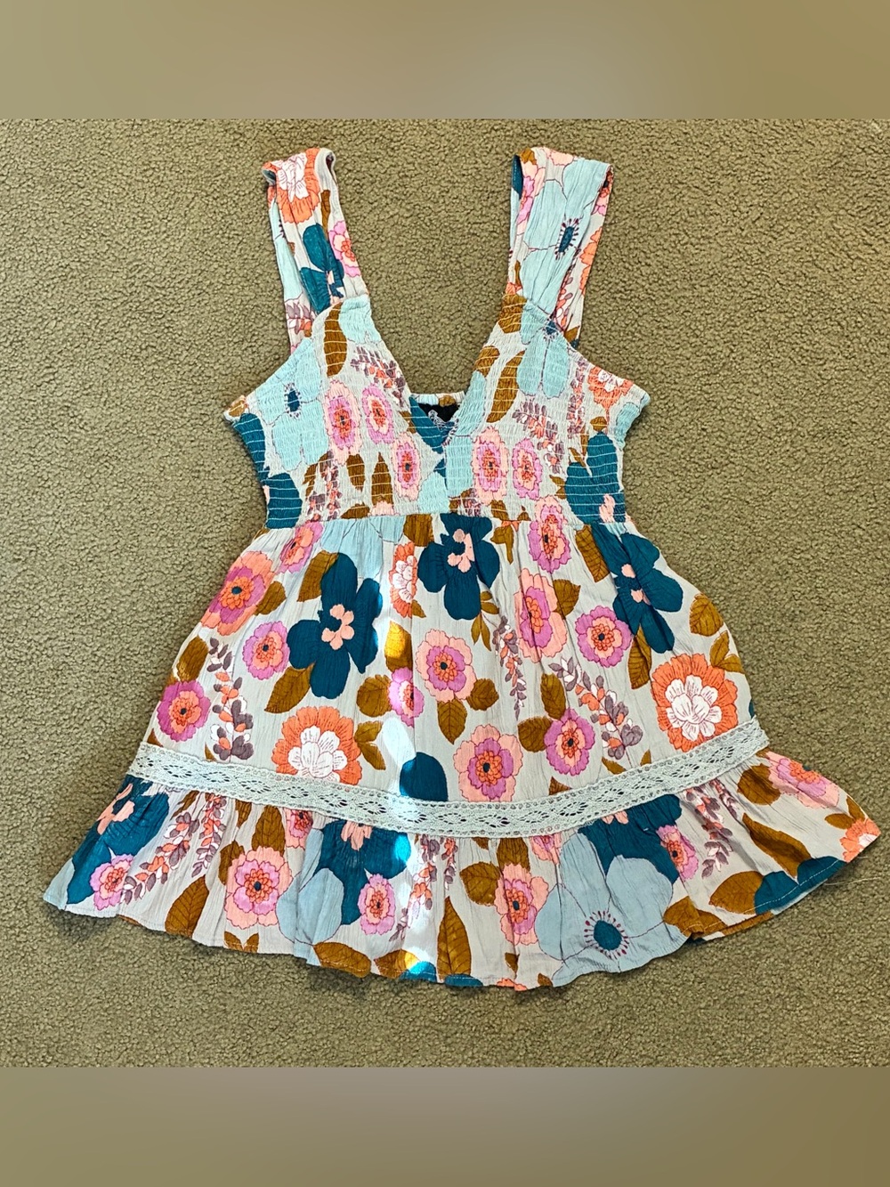 Angie Y2K Floral Tank Top Boho Colorful Teal Pink & Orange Stretchy Hippy